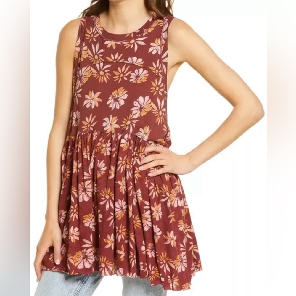 Free People Rust Floral Swing Tank with Pink & Mustard Blooms